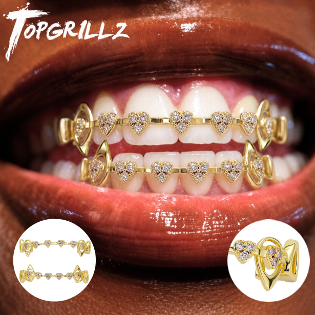 Body Jewelry Men - TOPGRILLZ Hollow Heart Fang Grillz Set