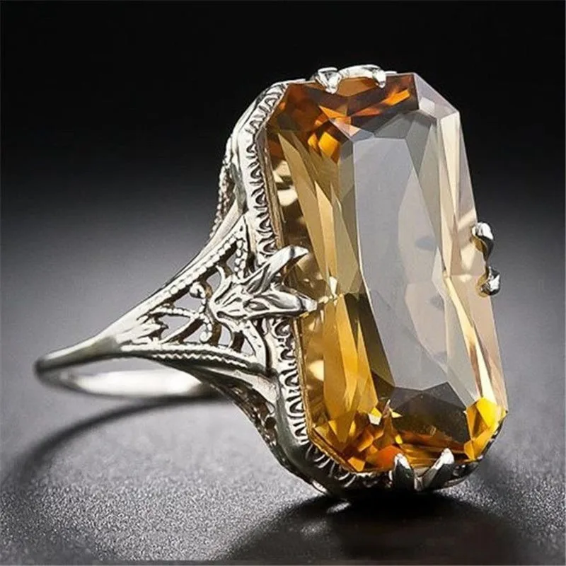 Body Jewelry Wholesale - Citrine hollowed-out Carved S925 Silver Rings