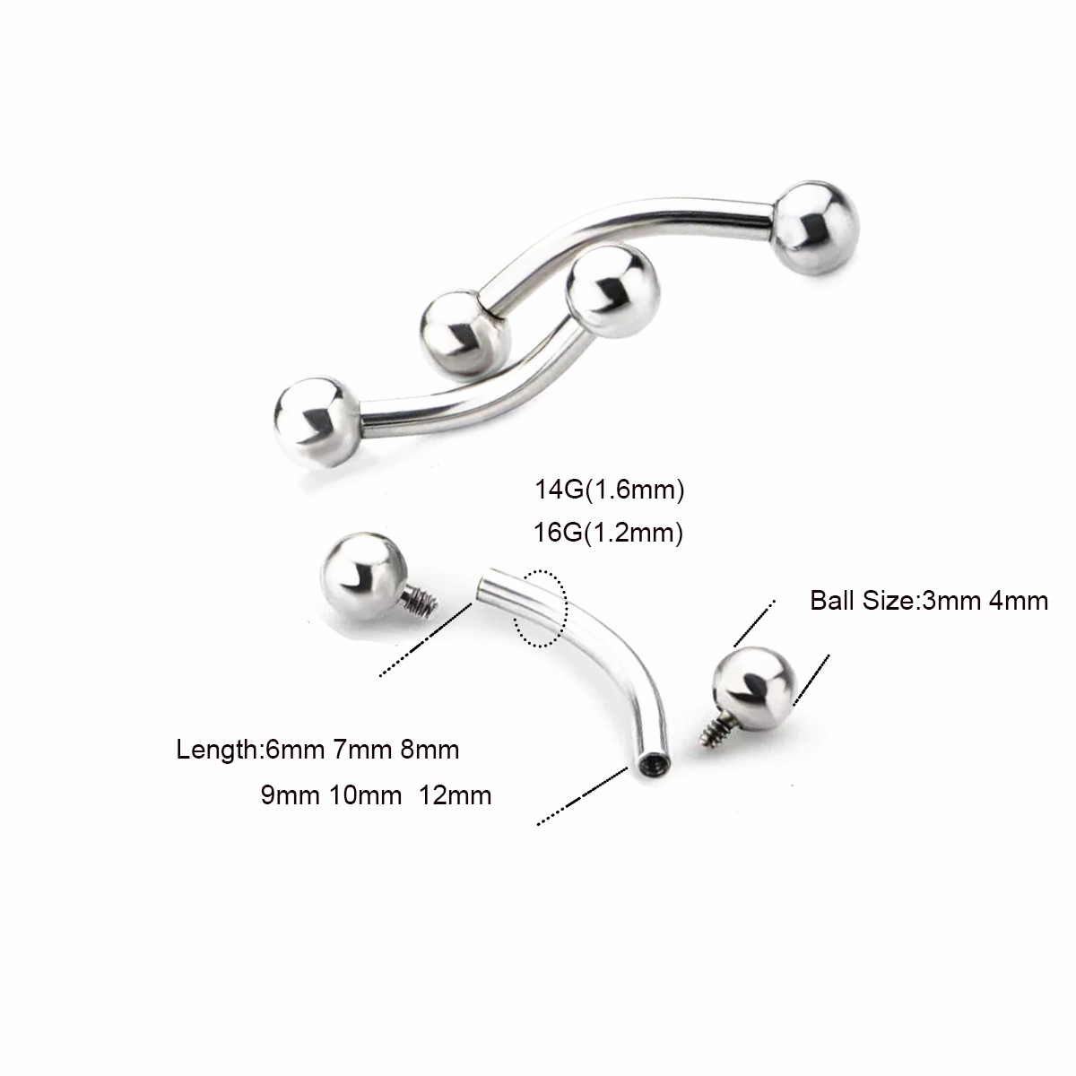 10 Pcs ASTM F136 Titanium 14G  - Eyebrow Curved Barbell recension och pris