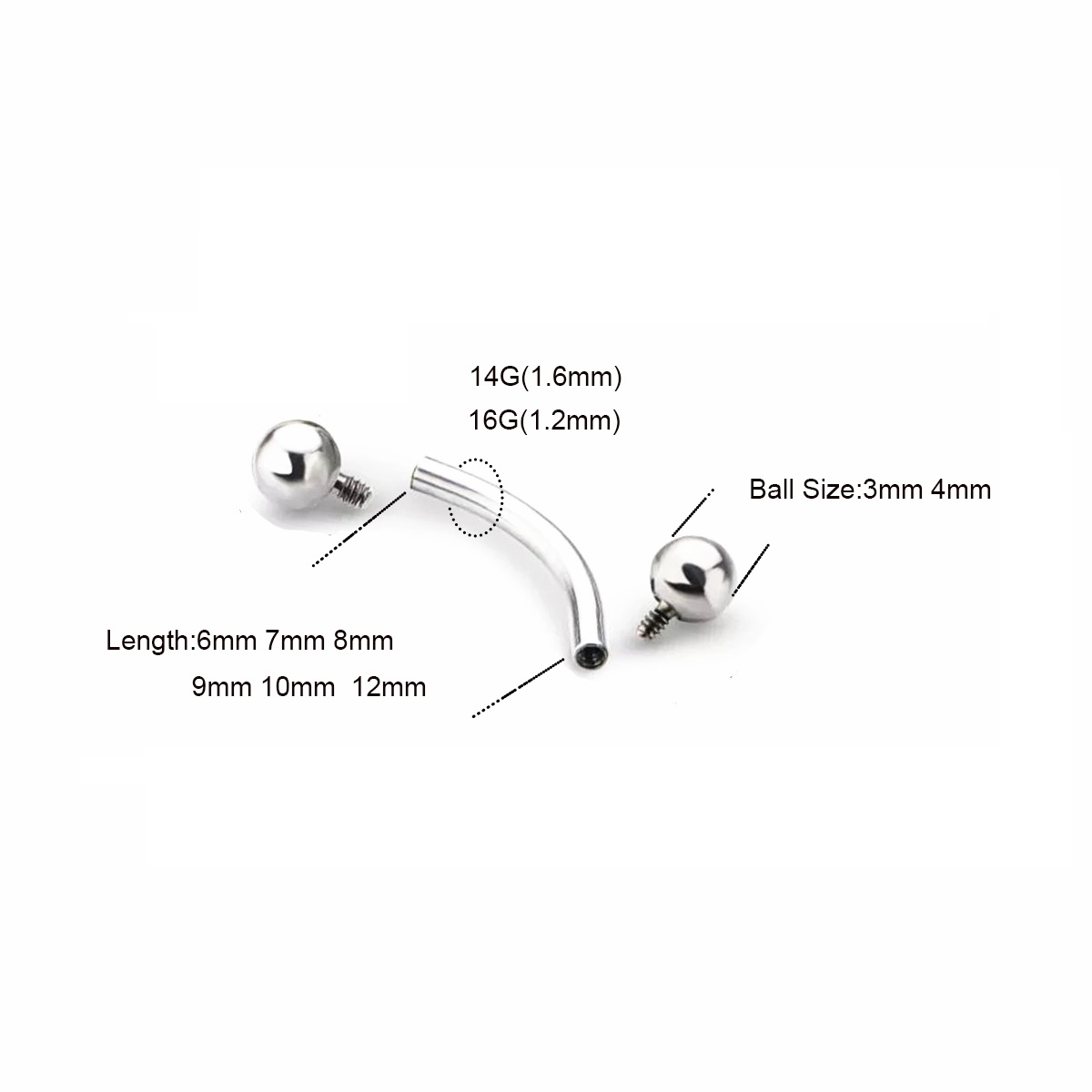 10 Pcs ASTM F136 Titanium 14G  - Eyebrow Curved Barbell recension och pris